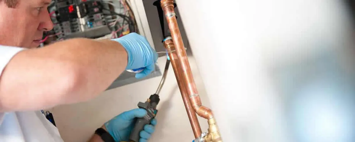 Water heater repair technician testing copper pipe connections and controls in Grand Rapids, MI